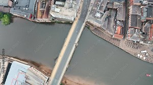Top down drone shot over York city centre bridge st river Ouse