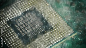 Technology cyber electronic concept. Cpu processor computer under the water. CPU cooling with water. Processor under water. Damaged electronics