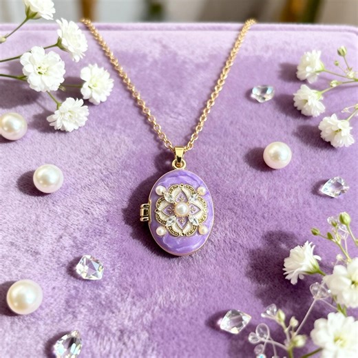 Vintage Purple Pearl Oval Photo Locket Necklace, Gold Enamel Locket Pendant, Romantic Keepsake Gift for Her - Etsy