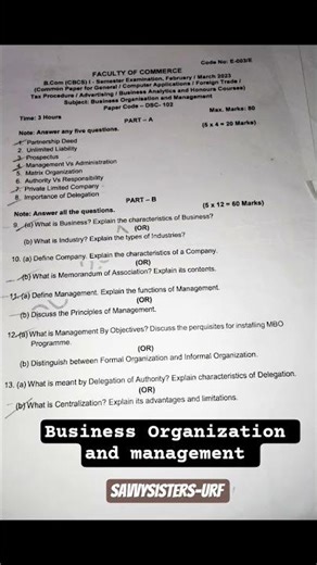 BUSINESS ORGANIZATION AND MANAGEMENT MODEL PAPER|BOM|SEMESTER -1|B'COM COMPUTER'S|OU|✅#studies