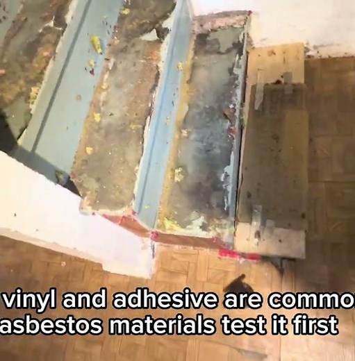 Asbestos Inspection Chicago before new flooring and stair treads. Old vinyl and and adhesives.