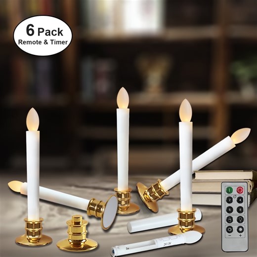 6Pcs LED Windows Candle Lights with Remote Timer Holders Battery Operated for Christmas Decorations - Gold Base