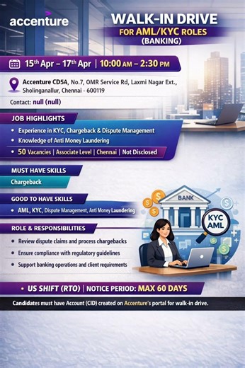 Accenture Walk-In Drive | AML/KYC Banking Jobs | Chennai Hiring 🔥 #job #walkindrive #jobsearch