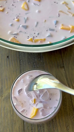 When mangos are in season, I make my favorite dessert, Mango Sago with Nata de coco, aka Mango Bango. I added ube extract today for a little pop of color. Here’s what I used for this recipe: 2 cups mangos (2 large mangos) 3/4 cup sago 1 tsp ube extract (optional) 1 jar Nata de Coco (coconut jellies) 1 14 oz can coconut milk 1 cup half and half (half milk/half cream mixture) 1/3 cup condensed milk Boil 3 cups water in a pot then add sago and ube extract. Cook only medium heat for 10 minutes, then