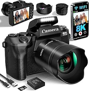 8K Digital Cameras for Photography, 64MP Vlogging Camera for YouTube with 4" Touch Screen, Dual Front/Rear Cameras with LED Fill Light, 3000MAh Battery, Lens Hood, Hot Shoe & 32GB TF Card