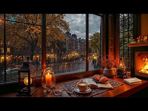 Cozy Autumn Rainy Jazz 🌧️ Peaceful Coffee Shop Ambience with Fireplace and Street View for Reading
