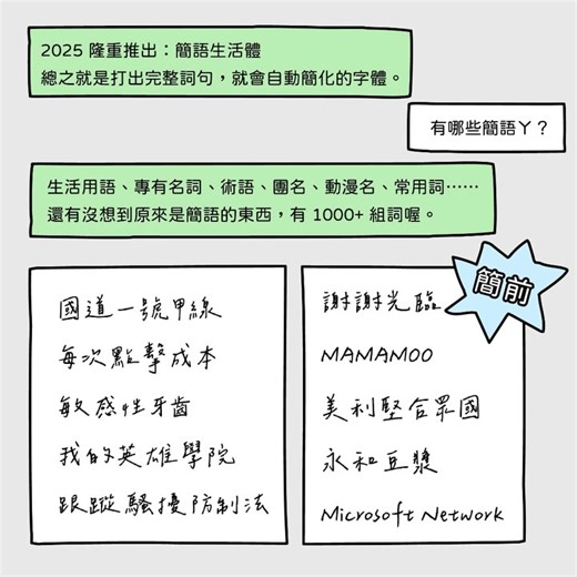justfont on Instagram: "搭早，遮放又出新字了：#簡語生活體 自動簡語、免費開源。溝通，簡、還能更簡。 ✂️簡語生活體.ttf 愚人節但不騙，這是一套會自動替換簡語的字型。 簡語，一直都在我們的社會中。不是只有傳小、敏牙、情勒等年輕世代的流行語。央行、健保、地檢署，也都是我們習以為常的簡語。 作為設計人，我們相信那句名言：「少即是多（Less is More）」—— 本著少即是多的精神，與字型的專業，justfont 提出完美的簡語解決方案：字型。 於是有了「簡語生活體」。 輸入，即簡。 🌟使用效果 輸入「飯店早餐」會變成「飯早」、「大安森林公園」變成「安森」、「不一樣」變「ㄅㄧㄤˋ」、「國語文寫作能力測驗」變「國寫」⋯⋯收錄超過 1000 多則簡語，希望能涵蓋大家的使用需求。 這些簡語不能接受？那就不接受。 📥下載＆授權方式 簡語生活體 AbbrFesFont 改作自辰宇落雁體，開源釋出，免費下載可商用。 官方 GitHub 下載頁面在 BioLink ⬆️ 📱 軟體支援 & 注意事項 以拉,PS, Paged, 