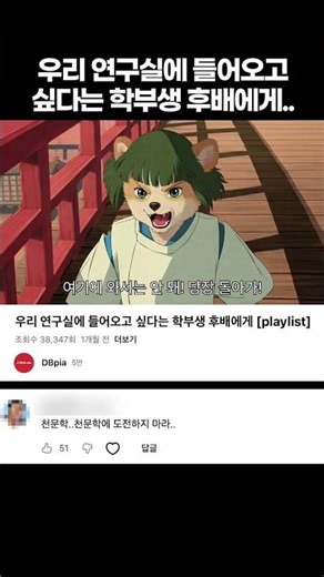 우리 연구실에 들어오고 싶다는 학부생 후배에게 - 플리 댓글 모음