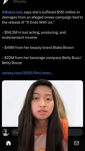 blake lively is claiming she suffered $161 million in damages from an alleged smear campaign tied to the release of “it ends with us”. these are ALL ALLEGATIONS #blakelively #justinbaldoni #itendswithus #movie #money #case #celebrity #actor #actress #reels | Christine Nguyen