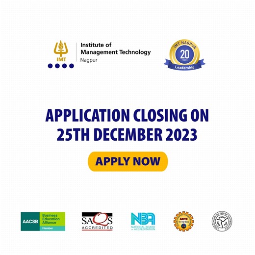Your journey to business leadership starts at IMT Nagpur! Dive into excellence with the 2-year PGDM program at IMT Nagpur. Tailored to shape decision-makers, this program is your gateway to leadership. - 20 years of legacy - 4500 Alumni Network - 110 Entrepreneurial Ventures - Consistently top ranked B School in India - 25 global partners for student & faculty exchange - 36.3 LPA- Highest package of batch 2022-24 - Elite B School with accreditations from- SAQS, NBA, AICTE, AIU, AACSB Member Appl