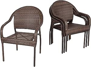 Balkene Home 63490 Rhodos Cafe Stacking Chairs in Mocha All Weather Wicker Construction No Assembly Lightweight for Indoor & Outdoor - Set of 4