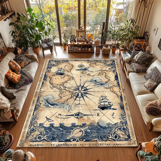 Nautical Vintage Sea Map Rug With Compass Rose, Ships & Sea Creatures – Marine Style Carpet for Coastal Decor - Etsy