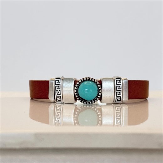 Real Turquoise Stone Leather Bracelet for Men Fathers Day Gift for Dad - Etsy