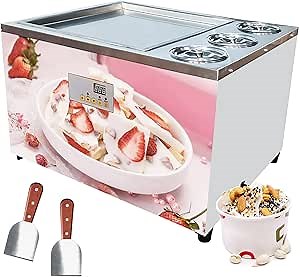 18" Square Fried Ice Cream Roll Machine with 3 Buckets, Ice Cream Roll Maker with 2 Scrapers, Commercial Rolled Ice Cream Maker Machine, Fried Yogurt Machine, for Snack Bar, Food Cart