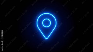 Map Marker neon sign appear in center and disappear after some time. Animated blue neon icon on black background. Looped animation.