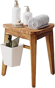 Teak Shower Bench, Waterproof Bathroom Teak Corner Shower Bench, Sturdy Non-Slip Bath Shower Foot Stool for Shaving Legs with Storage Basket