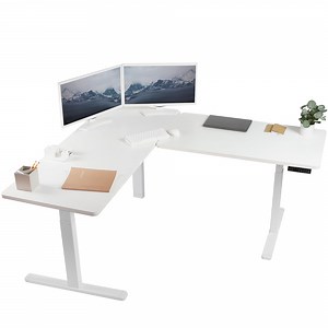 VIVO Electric Stand Up Corner Desk, White Table Tops, White Frame