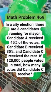 Math Problem 469 In a city election, there are 3 candidates running for mayor. Candidate A received 45% of the votes, Candidate B received 35%, and Candidate C received the rest. If 120,000 people voted in total, how many votes did Candidate C receive #MATHinik #mathematics #CANDIDATES | Mathinik