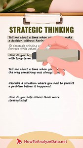 Master These 5 STRATEGIC THINKING Interview Questions to Stand Out This video presents five key Strategic Thinking interview questions with winning answers, teaching you how to use the STAR method, highlight your strengths, align with company needs, and leverage non-verbal cues and insightful questions to make a strong impression. Practice Job Interview and Hiring Assessment Tests: https://www.howtoanalyzedata.net/ ____ Download FREE Sample Hiring Assessment Test Questions (PDF eBook): https://w
