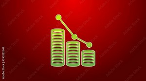 Green line Pie chart infographic and coin icon isolated on red background. Diagram chart sign. 4K Video motion graphic animation