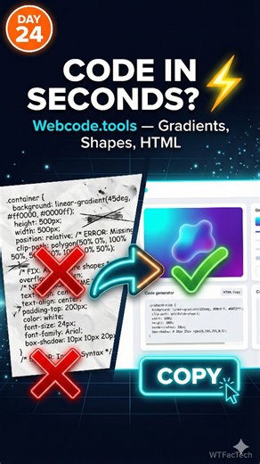 Aman on Instagram: "Day 24 – Collecting Coders 🔥 Stop wasting time on tiny CSS details. Webcode.tools gives you gradients, SVG shapes, and ready HTML/CSS blocks in SECONDS. Copy → Paste → Ship. 🚀 Tired of tweaking CSS and re-creating the same gradients again and again? Webcode.tools lets you generate HTML, CSS, gradients, SVG shapes, and ready blocks in seconds — perfect for prototyping and client demos. Quick poll — tumhara fav use-case? A = Landing pages B = Prototyping C = Client demos Link