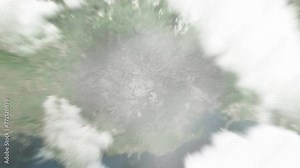 Earth zoom in from space to Yauco, Puerto Rico. Followed by zoom out through clouds and atmosphere into space. Satellite view. Travel intro. Images from NASA