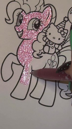 Party-ready Hello Kitty riding Pinkie Pie, colored with Saspoo glitter pens #aesthetic #hellokitty #pinkiepie #mlp #satisfying #aestheticreels #aestheticvideos #satisfying | Alba Leon Coloring Books