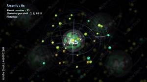Atom of Arsenic with its 33 Electrons in infinite orbital rotation with atoms