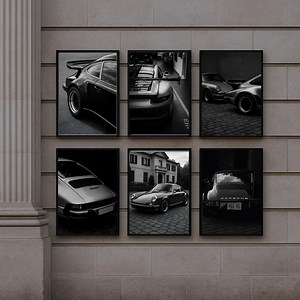 Luxury Black White Classic Car Wall Art | Set of 6 Vintage Porsche Posters | Modern Prints for Home Office Decor - Etsy
