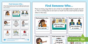 Valuing Diversity: Tolerance and Respect KS1 Find Someone Who Activity