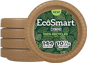 Dixie EcoSmart 100% Recycled Fiber Paper Plates, 10 in, 144 Count (Pack of 4), Large Disposable Plate Great for Breakfast, Lunch, and Dinner Meals