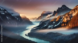 Mountain sunrise reflection on lake: A stunning landscape capturing the beauty of sunrise and sunset over the majestic mountains, surrounded by snow-capped peaks and tranquil lakes