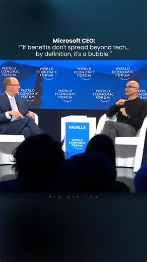 Big AIR Lab | AI Research lab on Instagram: "Is AI a bubble? Microsoft CEO Satya Nadella finally answers. At Davos 2026, Nadella addressed the question that's been haunting Wall Street since mid-2025. His answer? Simple and direct: "A telltale sign of if it's a bubble would be if all we are talking about are the tech firms." Translation: If AI benefits only stay with Microsoft, Google, OpenAI, and Meta and don't spread to healthcare, manufacturing, education, logistics, and everyday businesses t