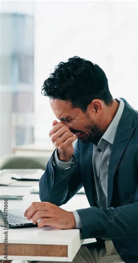 Laptop, sneeze and typing with business man at desk in office for allergy reaction or hayfever. Computer, sinus and virus with employee person in corporate workplace for planning, report or research