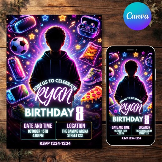 Neon Splatter Birthday Invitation, Editable Paint Party Invite, Glow Party Canva Template, Kids Art, DIY Text, Instant Download - Etsy