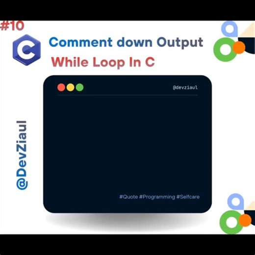 DevZiaul on Instagram: "While Loop in C Explained | Print Numbers Using Loop #cprogramming #shorts ✅ Description In this short C programming tutorial, you’ll learn how a while loop works in C using a simple example. This program prints numbers from 5 to 1, helping beginners understand looping and condition-based execution. Perfect for students and anyone starting with C programming. Follow for more quick C tutorials, coding shorts, and beginner-friendly examples. ✅ Hashtags #CProgramming #CLangu