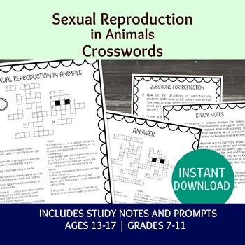 Sexual Reproduction in Animals Crossword Puzzle, Biology Science Worksheets
