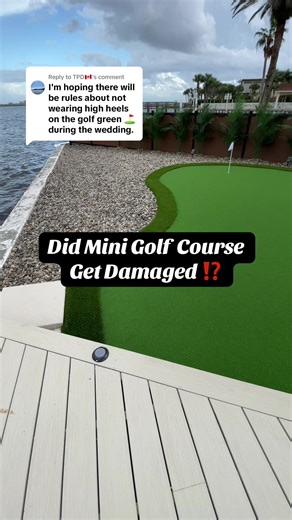 Replying to @TPD🇨🇦 PLEASE NO DAMAGE‼️🤞@East Coast DIY was so worried about wedding guests walking on the new mini golf course, especially with high heels. Luckily NO DAMAGE‼️Thank Goodness😅Do you like the landscaping?Made it thru its first big storm. #momsview #minigolf #disastertodreamhomedollhouse #backyardrenovation