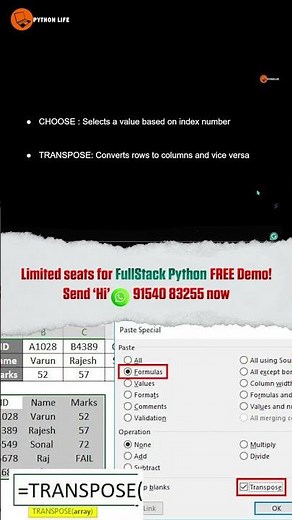 CHOOSE and TRANSPOSE Functions in Excel Explained Easy | Advanced Functions | Python Life