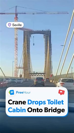 A portable toilet dropped from a crane mid-lift & landed right in the middle of a busy bridge in Seville 💥 The incident happened during heavy traffic on Puente del Centenario, as workers were replacing support cables. The toilet exploded on impact, scattering plastic, debris & a mix of stool and urine 🚧 No one was injured. Authorities are now investigating what went wrong with the lift operation 🚨 #FreeHour | FreeHour Malta