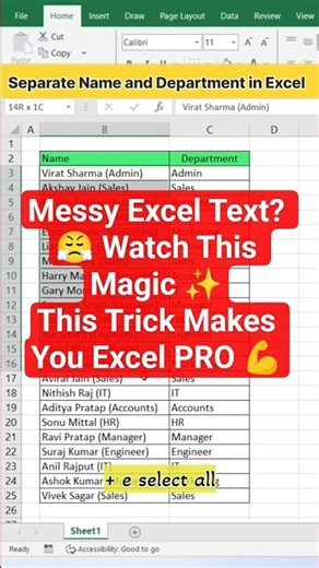 Stop Manual Work ❌ Separate Name & Department in Excel | Flash Fill + Ctrl H 🔥 Excel Magic Trick