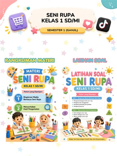 📚✨ **Bikin Persiapan Mengajar Seni Rupa Kelas 1 Jadi Lebih Mudah!** ✨📚 Kini hadir **Rangkuman Materi Latihan Soal Seni Rupa Kelas 1 SD/MI Semester 1** yang dirancang khusus untuk membantu guru, orang tua, dan bimbingan belajar dalam mendampingi proses belajar anak. 📖 **Materi Lengkap Semester 1** 🌟 **BAB 1 – *Eksplorasi media berkarya seni rupa* •\tMengenal berbagai media seni rupa •\tMengenal alat menggambar •\tMengenal pemotong dan perekat •\tMengenal pewarna 🌟 **BAB 2 – *Menceritakan has