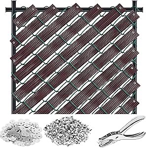 302 Pcs 262. 45 ft Chain Link Fence Slats Button Puncher Fence Privacy Tape Fasteners Covering Privacy for Home Warehouse School Businesses Stadiums(Chocolate)