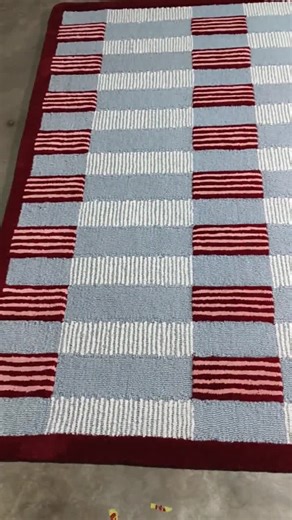 Handmade Wool Area Rug Blue Red Striped Checkered Modern Geometric Carpet Living Room Decor
