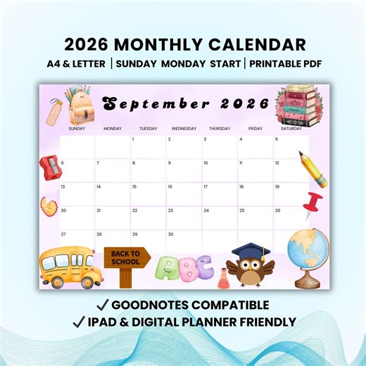 2026 September Monthly Calendar | Printable Digital Planner | A4 Letter Size | Sunday Monday Start | Goodnotes Compatible, Digital Download - Etsy