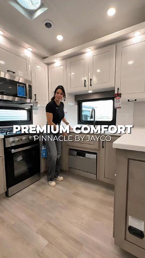 Luxury Fifth Wheel With a Hidden Front Retreat! 🛋️✨ The Jayco Pinnacle 38FBRK is a residential-style fifth wheel built for RVers who want nothing short of luxury. With its unique front living room layout, rear gourmet kitchen, and king-size master suite, it feels like a true rolling estate for couples or full-time RV families. – Spacious front living room with dual hide-a-bed sofas theater seating – Entertainment wall with 50" 4K Smart TV & fireplace – Rear chef’s kitchen: residential fridge, p