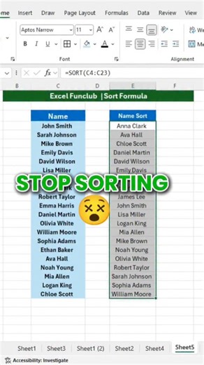 MS Excel - Funclub | Abdul on Instagram: "Manual sorting ❌ Smart Excel sorting ✅ Just use SORT() 😱 Save this reel 🔖 👉 Follow @excel_funclub for more tricks #ExcelReels #ExcelTips #OfficeHacks #SORT #excelfunclub"