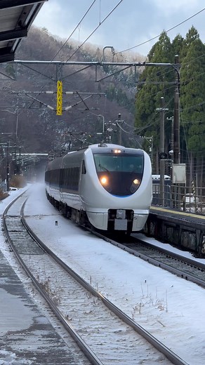 特急サンダーバード7号、雪の南今庄駅を通過する光景