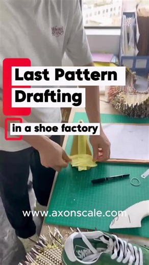 How shoes go from 3D to 2D 👞 This is last pattern drafting—a key step in shoe manufacturing where the design is mapped on the last and turned into pattern pieces for production. Need a reliable footwear manufacturer? Reach out to Axonscale. #shoemanufacturing #footweardesign #patternmaking #shoefactory #oemfootwear