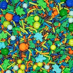 Dinosaur Sprinkles for Cupcakes Cake Decorating, Cookies and Baking - Fancy Edible Dino Sprinkles Cake Toppings in Brown Jimmies, Blue Nonpareils, Orange and Green Sugar Crystal and Pearl Sprinkles